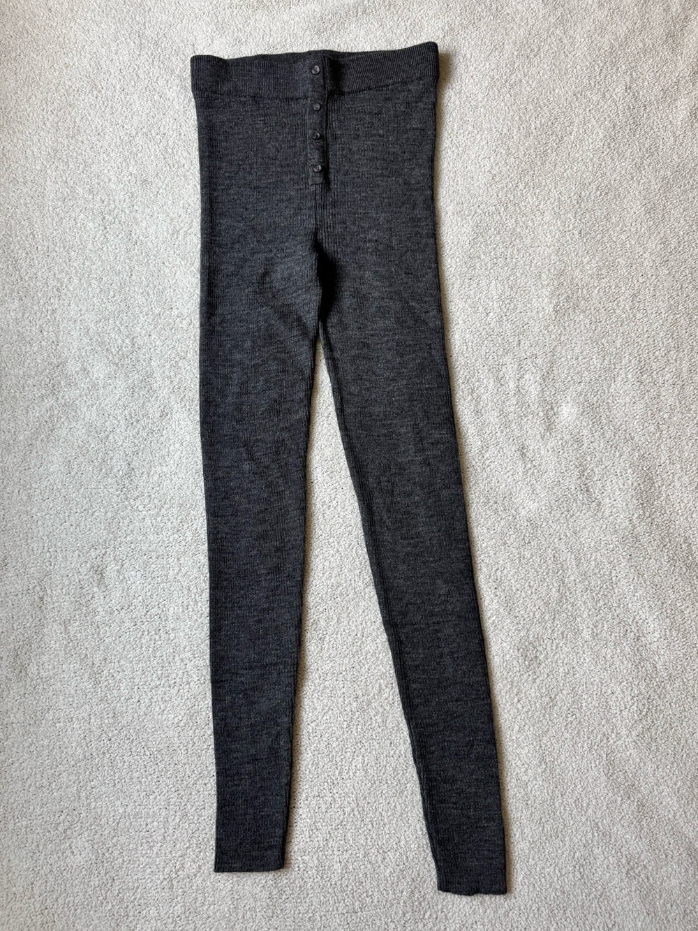 Zara Ribbed Knit Leggings Charcoal Gray High Rise Button Detail Size Large